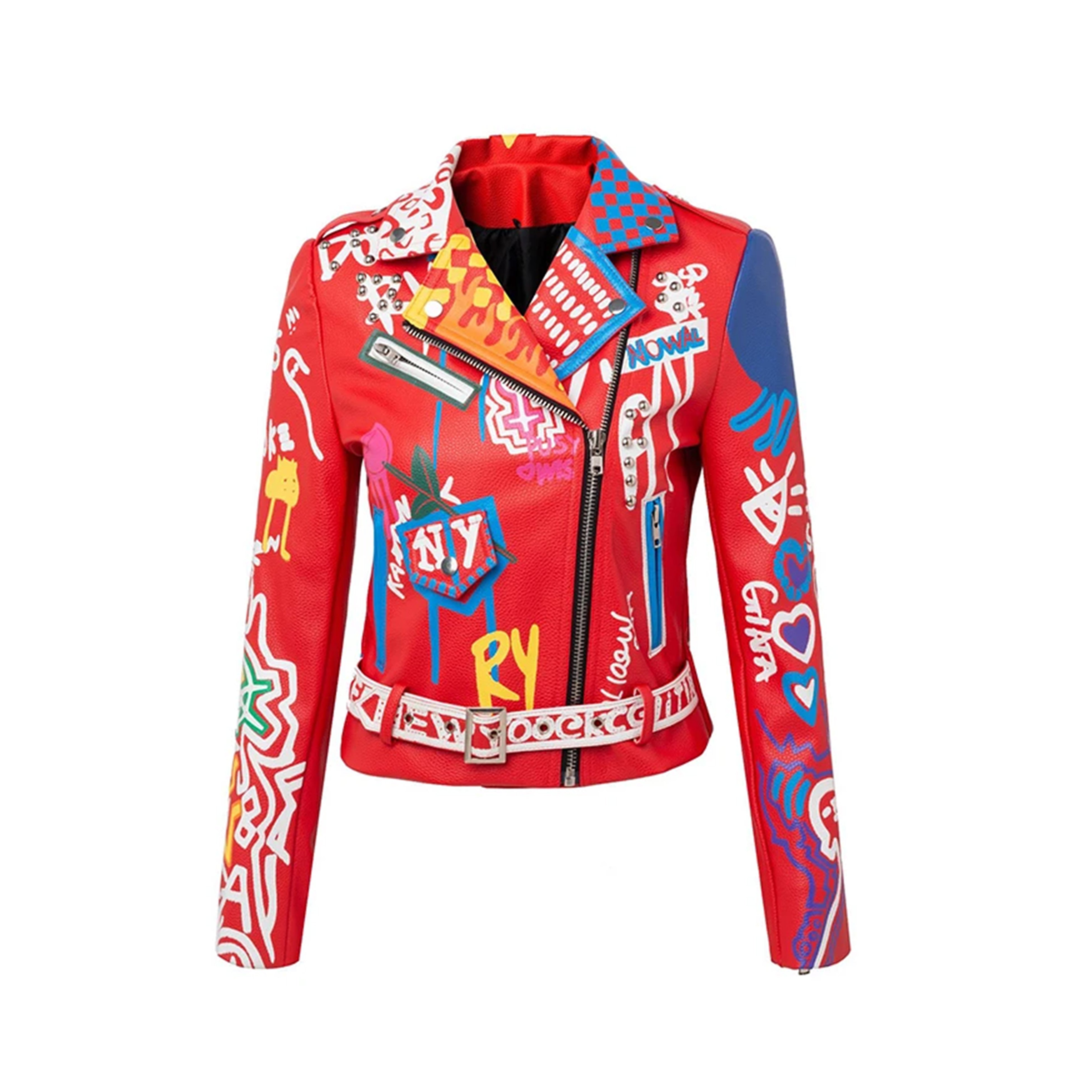 Red Leather Jacket Women Graffiti Colorful Print Moto Biker Jackets an–  RAMOTO International